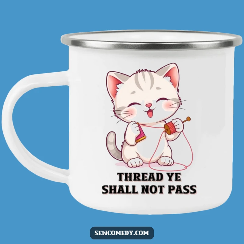 Funny Kitten Sewing Camping Mug: Durable Humorous Cat Outdoors Gift