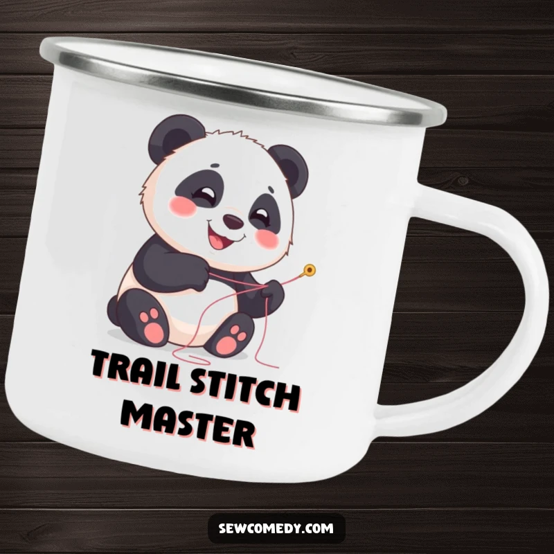 Funny panda camping mug featuring a smiling cub with needle and thread, durable for outdoors.