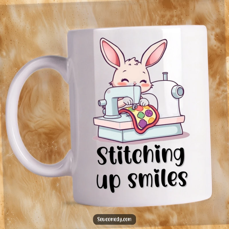 Funny, cheerful bunny diligently operating a sewing machine, stitching a colorful patch with focus and joy.