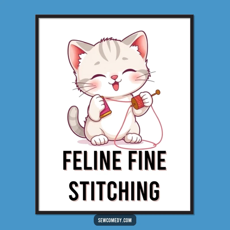 Funny Kitten Sewing Digital Art: Printable Playful Cat Decor Gift