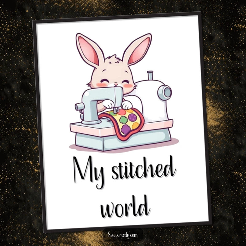Funny bunny diligently operating a sewing machine, stitching a colorful patch, capturing a moment of focused creativity for digital display. A perfect funny gift.