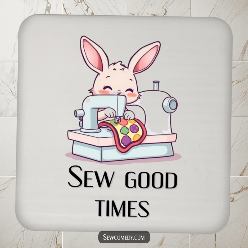 Funny bunny operating a sewing machine, adding a touch of whimsical crafting to protect your furniture. A practical funny gift.