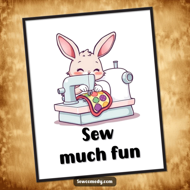 Funny bunny diligently operating a sewing machine, stitching a colorful patch, creating a whimsical and heartwarming scene for wall art. A perfect funny gift.