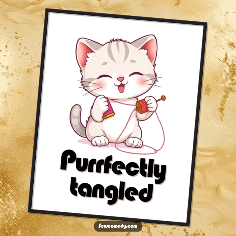 Funny kitten poster featuring a playful cat batting at a needle and thread, whimsical wall art.