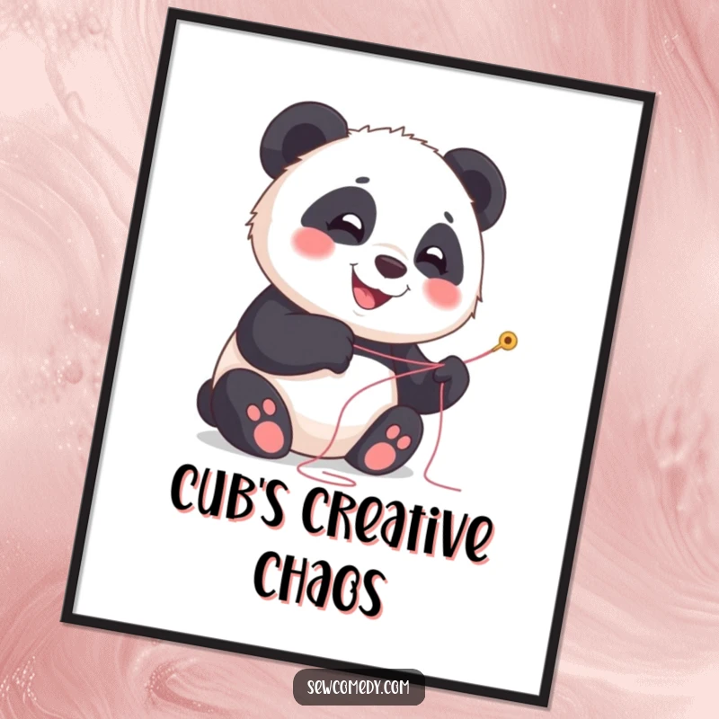 Funny panda poster featuring a happy cub smiling while holding needle and thread, cute decor.