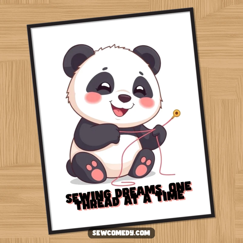 Free printable wall art of a happy panda cub smiling brightly while holding a needle and thread, ready to create.