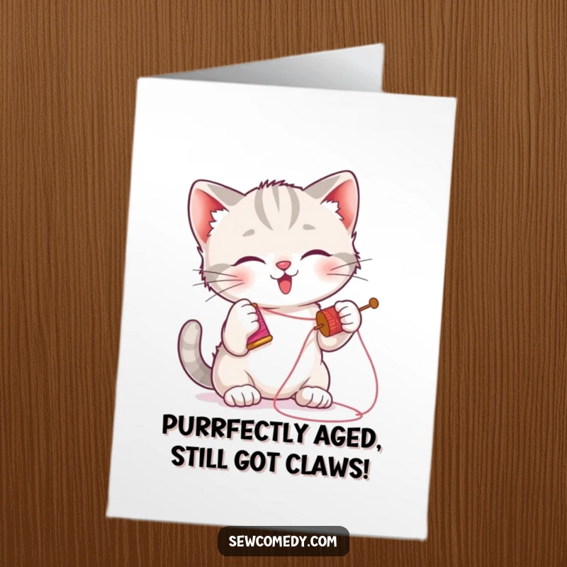 Funny free printable birthday card featuring a mischievous kitten playing with a spool of thread, ready to pounce on a needle.