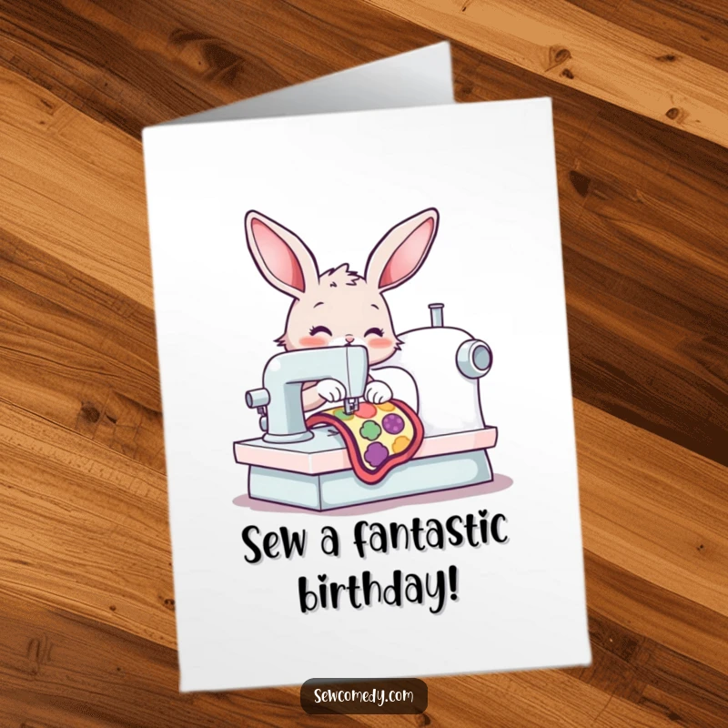 Funny Free Printable Birthday Card: Cheerful bunny intently sewing a colorful patch on a sewing machine, happy birthday.