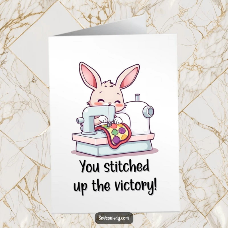 Funny Free Printable Congrats Card: Happy bunny diligently stitching a colorful patch on a sewing machine, congratulating success.