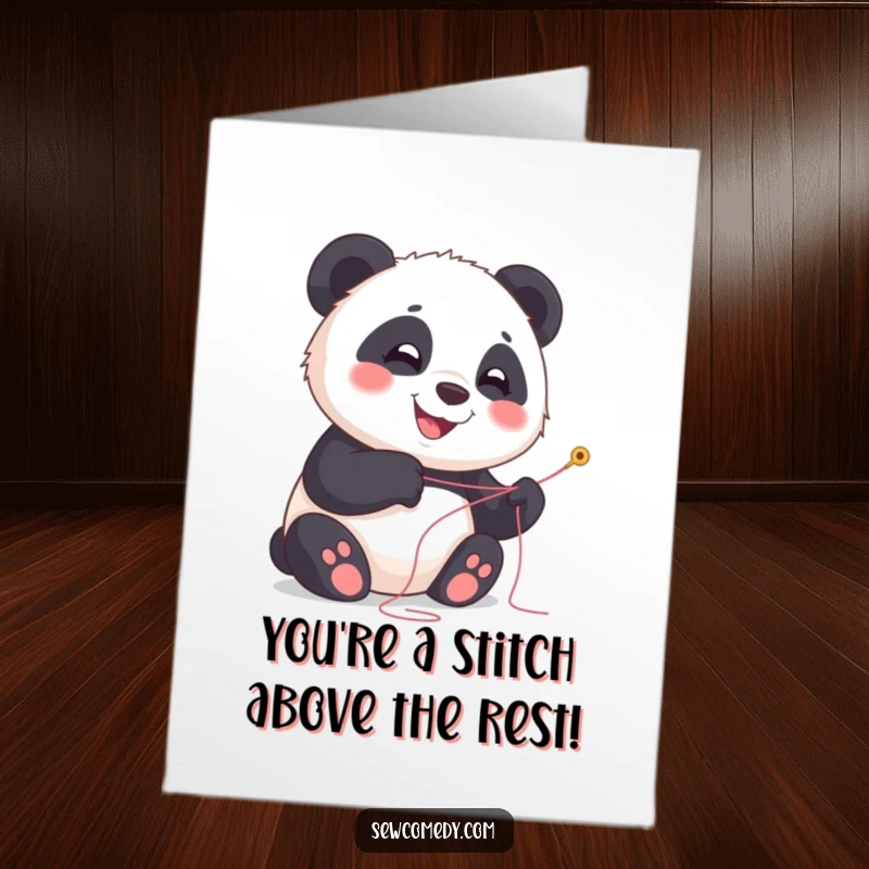 Free printable congratulations card with a happy panda cub beaming, holding a needle and thread, celebrating success.