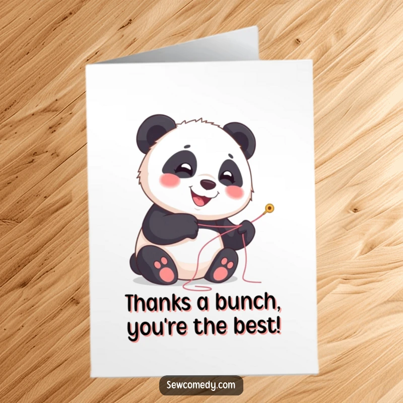 Free printable thank you card capturing a happy panda cub smiling, holding a needle and thread, conveying thanks.