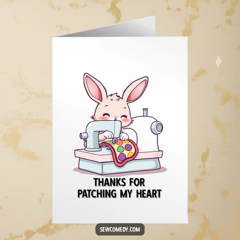 Funny Free Printable Thank You Card: Amused bunny carefully operating a sewing machine, stitching a bright patch, thank you.