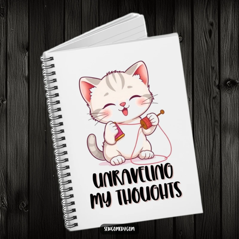 Funny kitten notebook with a playful cat batting a needle and thread, perfect for journaling.