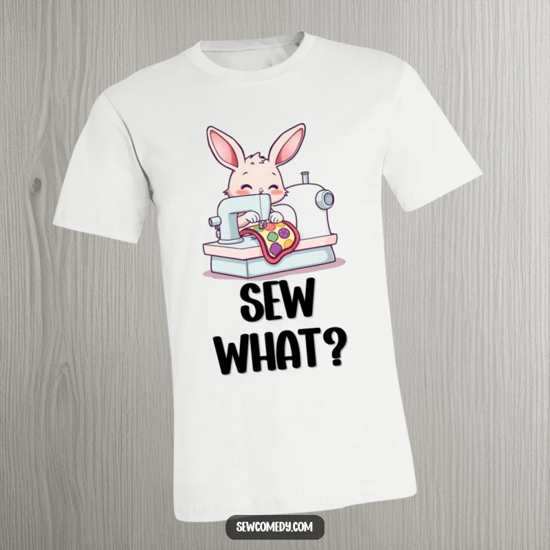 Funny bunny diligently operating a sewing machine, stitching a colorful patch with concentration and a happy expression.