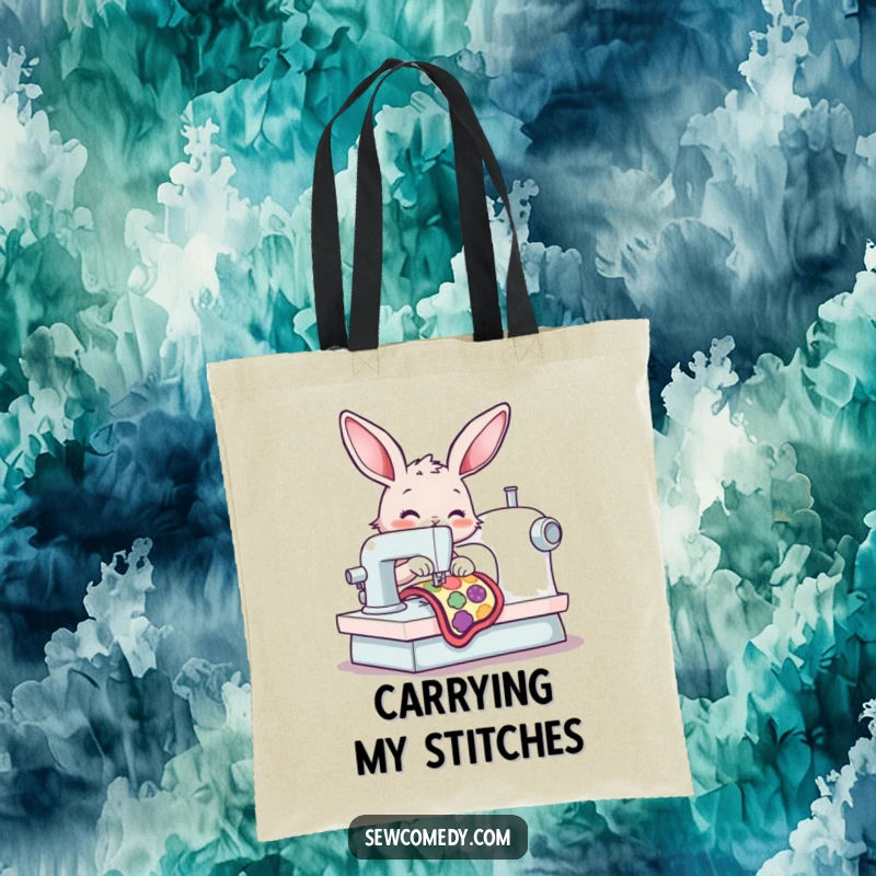 Funny bunny diligently operating a sewing machine, stitching a patch, showcasing a passion for crafts and a cheerful spirit. A great funny gift.