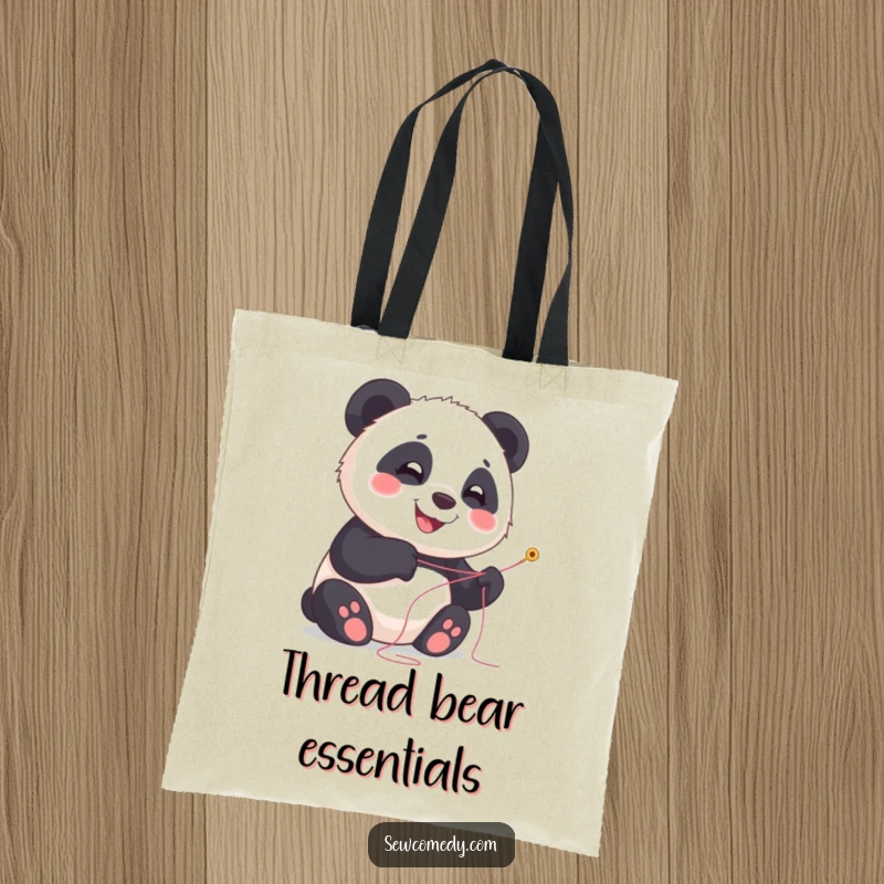 Funny panda tote bag with a happy cub smiling, holding needle and thread, stylish accessory.